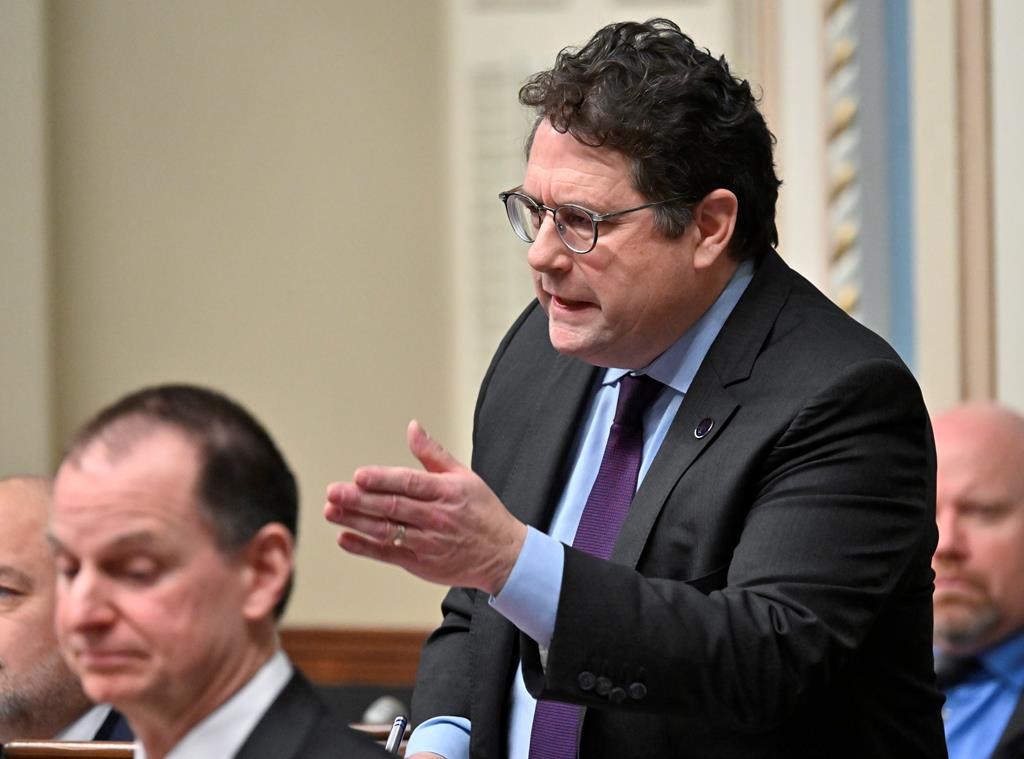 Quebec Education Minister Bernard Drainville responds to the Opposition during question period at the legislature in Quebec City, Wednesday, March 29, 2023. 