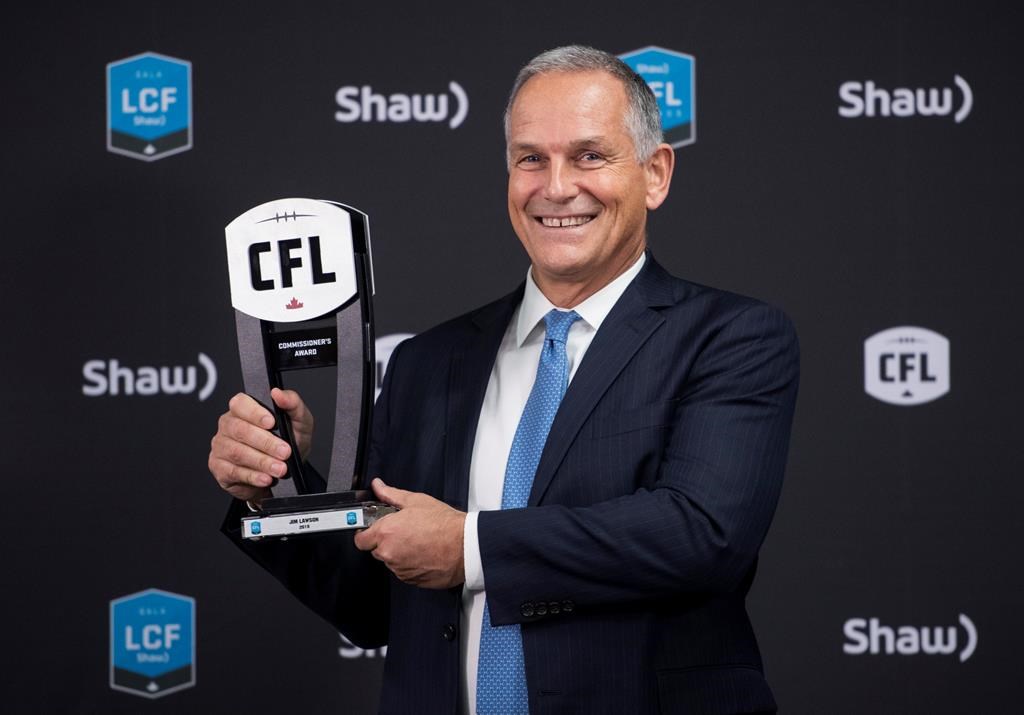 Woodbine Entertainment CEO Jim Lawson plans to step down from his post sometime this fall. Lawson poses with the trophy for the 2019 Commissioner's Award at the CFL Awards, in Calgary, Thursday, Nov. 21, 2019. THE CANADIAN PRESS/Nathan Denette.