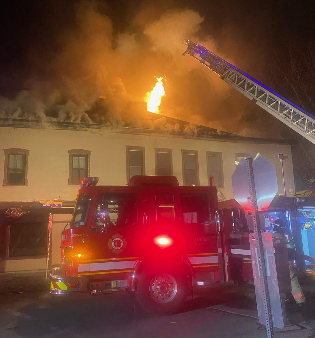 London fire crews at the scene of a fire at Black Walnut Bakery Café in London's Wortley Village on April 16, 2023.