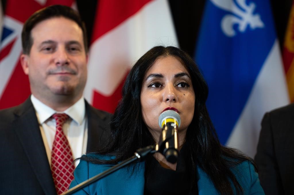 B.C. Attorney General Niki Sharma speaks during a Federal-Provincial-Territorial Ministers meeting in Ottawa on Fri. March 10, 2023.