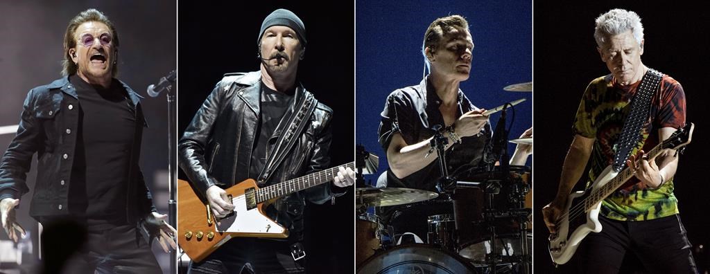 This combination of four separate photos shows members of the Irish rock band U2, from left, lead singer Bono performing in Washington on June 17, 2018, The Edge performing in Chicago on May 22, 2018, Larry Mullen Jr. and Adam Clayton, both performing at the Bonnaroo Music and Arts Festival in Manchester, Tenn., on June 9, 2017. Live Nation and Sphere Entertainment announced Monday the dates for U2’s upcoming “U2:UV Achtung Baby Live At Sphere” shows starting Sept. 29. The band’s special five-night run of shows will be held until Oct. 8 at The Venetian’s MSG Sphere. (AP Photo).