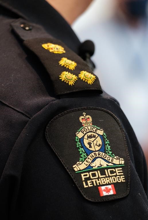 A Lethbridge Police arm badge is pictured in Lethbridge, Alta., on Wednesday, March 10, 2021.