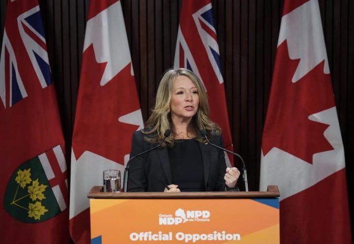 Marit Stiles addresses a press conference at Queen’s Park in Toronto, on Wednesday, February 1, 2023. Stiles called on the provincial government to launch an investigation into the Greater Toronto Hockey League for allegations of teams being sold for large sums of money.