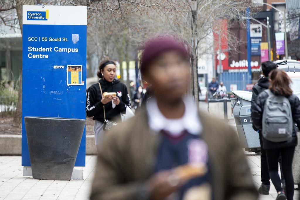 Signage bearing the old name of Ryerson University, which has since been renamed to Toronto Metropolitan University, is seen on the university campus in Toronto on Tuesday, April 26, 2022. One year after Ryerson University was renamed Toronto Metropolitan University, the school’s president says the new name has been an important part of its commitment to reconciliation at the post-secondary institution. THE CANADIAN PRESS/Chris Young