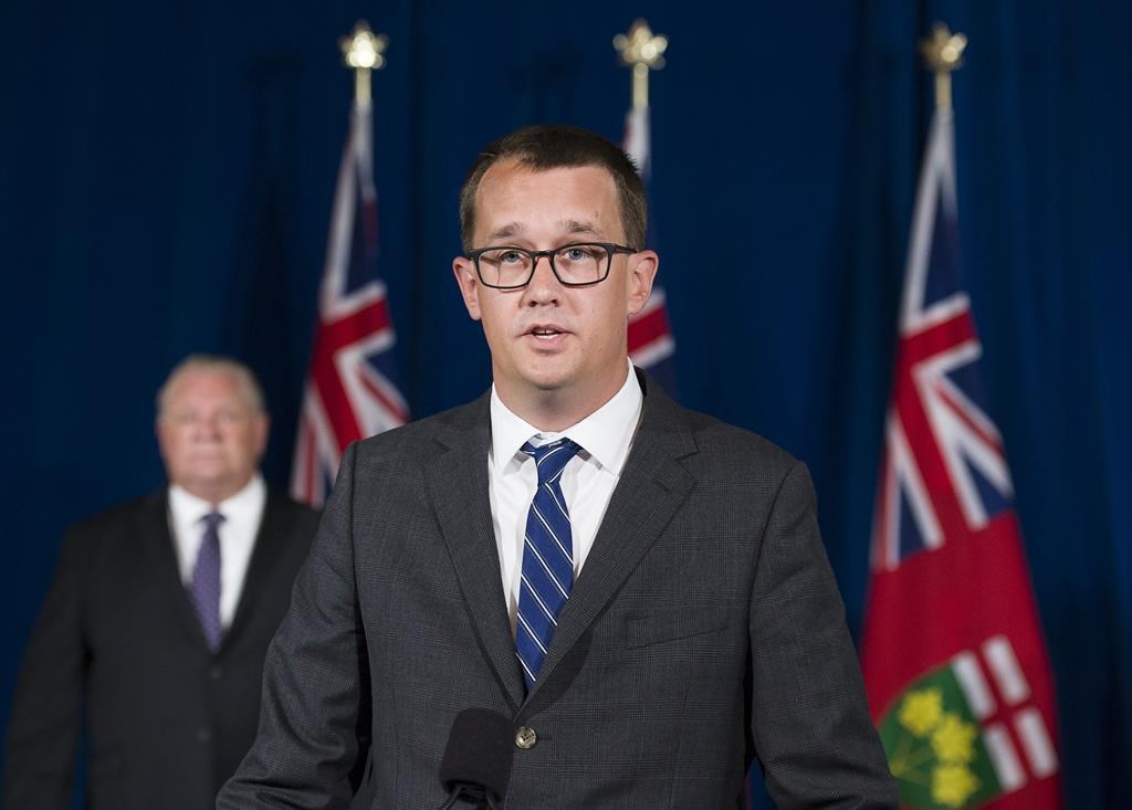 Ontario Labour Minister Monte McNaughton speaks at Queen's Park in Toronto on June 16, 2020. McNaughton says the province is putting $12 million toward helping people with criminal records find employment. THE CANADIAN PRESS/Nathan Denette.