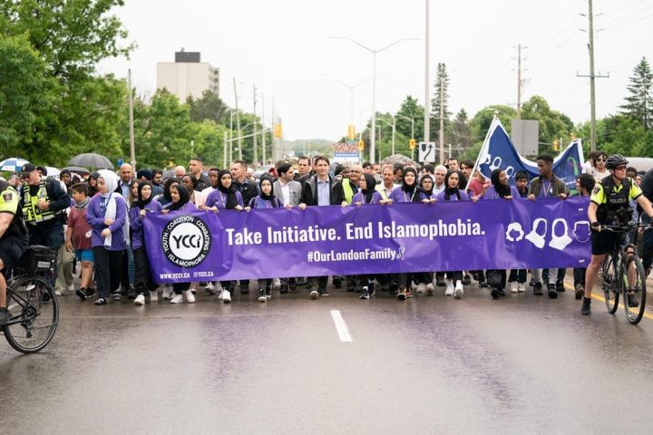 Prime Minister Justin Trudeau leads a march to end islamophobia in memory of the Afzaal family in London, Ont. on Sunday, June 5, 2022.  