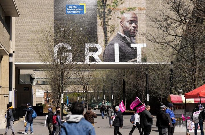 Students make their way around the renamed Toronto Metropolitan University (TMU), formerly known as Ryerson University in Toronto on Wednesday, April 26, 2023. The Toronto Metropolitan Students' Union is suing five former executives for alleged fraud and financial mismanagement resulting in $250,000 in losses. 