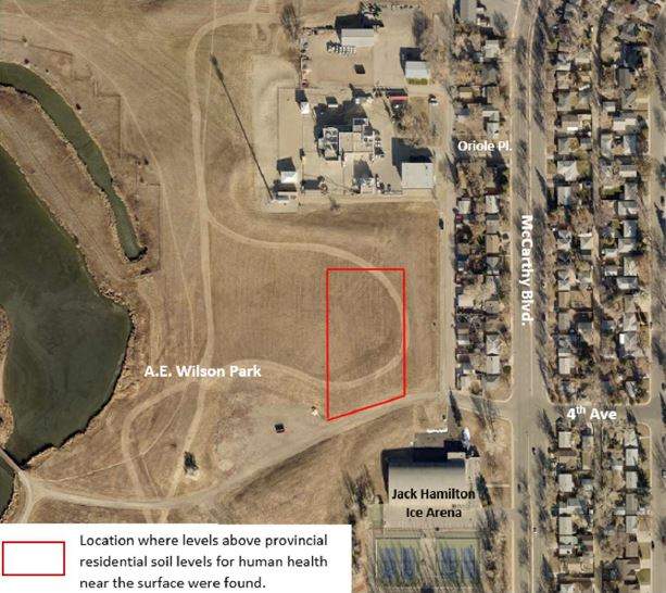 The contaminated area of A.E. Wilson Park is located northwest of Jack Hamilton Arena.