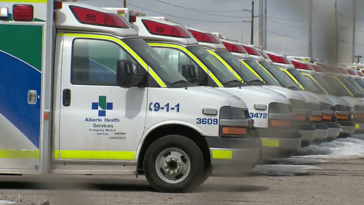 File photo of a fleet of Alberta Health Services EMS ambulance, pictured in Calgary on April 3, 2023.