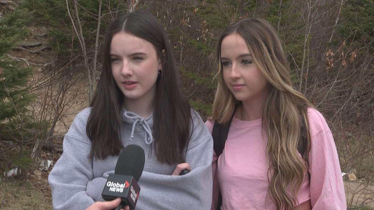 Ella McKinnon, left, and Kate Ross are two students at Bay View High School in Upper Tantallon, NS. They spoke about how the community has come together since a pride flag was burned at the school on Friday.