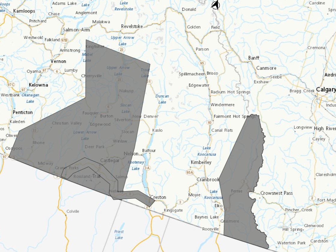 A map showing areas in grey where Environment Canada has issued weather alerts for heavy rain from Sunday to Monday.
