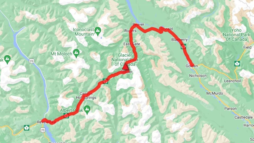 A map showing the 150-kilometre travel advisory along the Trans-Canada Highway in B.C.’s Southern Interior.