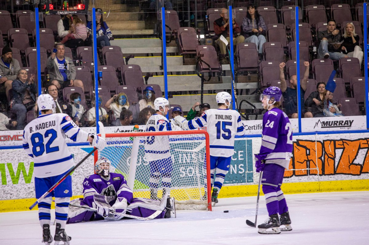 The Penticton Vees celebrate a goal during BCHL playoff action against the Salmon Arm Silverbacks at the South Okanagan Events Centre in Penticton, B.C., on Friday, April 28, 2023.
