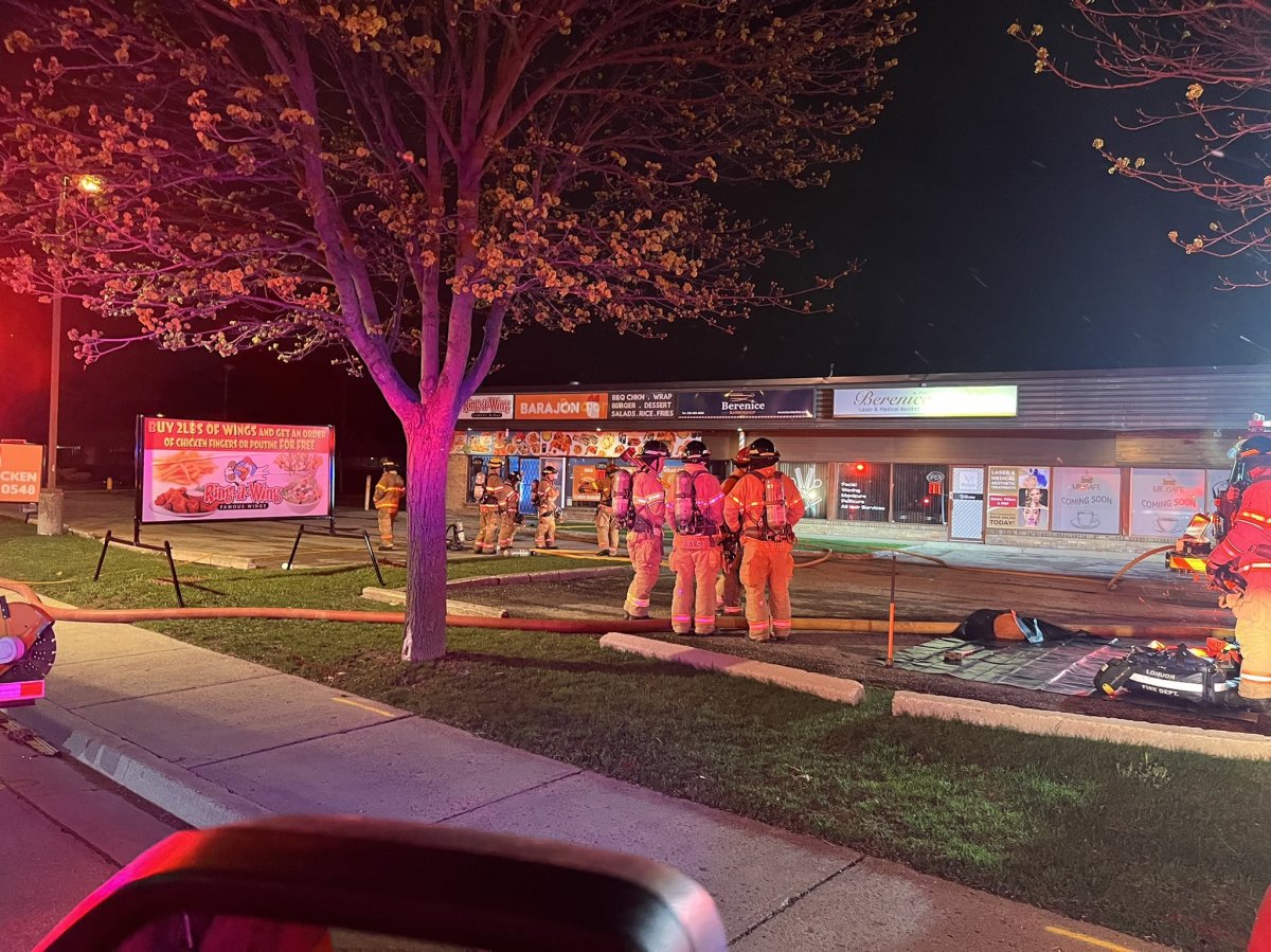 London, Ont., fire crews were called to the scene of the reported structure fire at Berenice Barber Shop in the commercial plaza at 1775 Ernest Ave. around 1 a.m. on Tuesday, April 18, 2023.