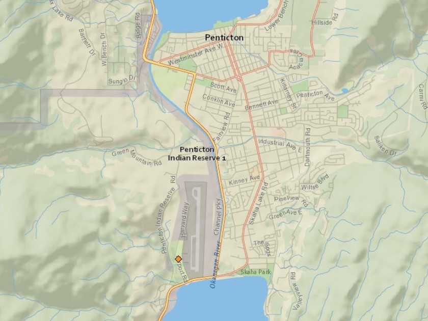 A map showing the location of the fire beside the airport in Penticton, B.C., on Tuesday, April 4, 2023.