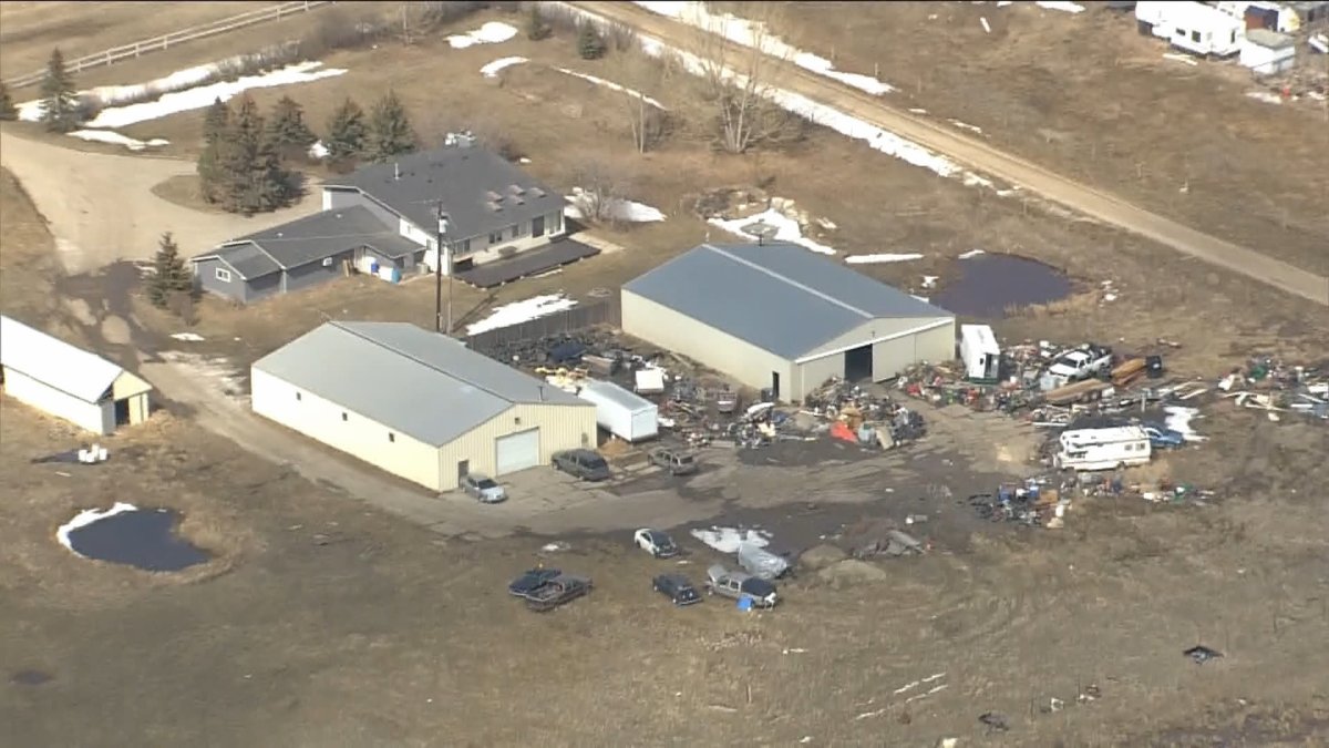 An acreage on Vale View Road east of Chestermere in Rocky View County, where police carried out a large forensic investigation in April 2023. Richard Robert Mantha was later charged with several crimes, including kidnapping and sexual assault.