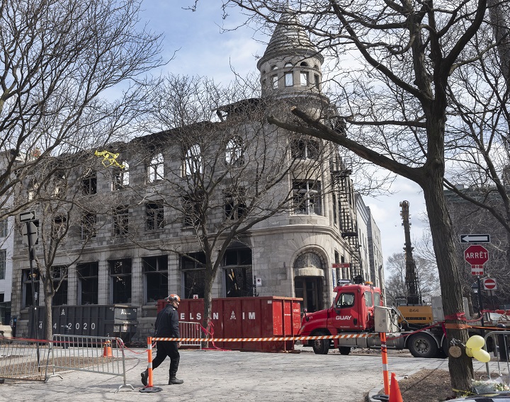 The site of a fire in Old Montreal that killed seven people is seen on March, 27, 2023. 