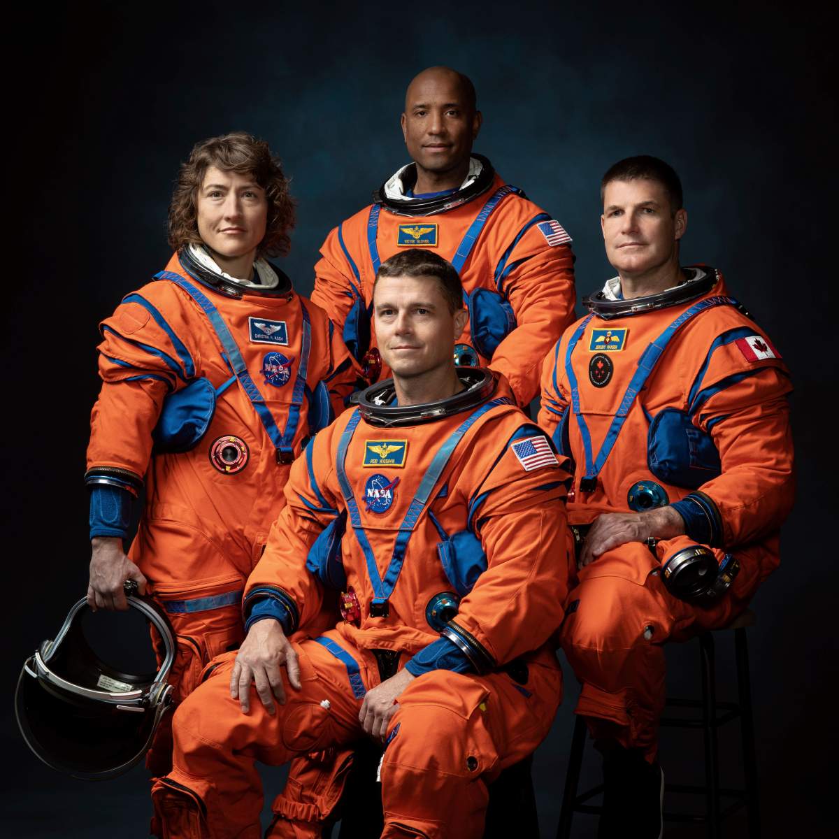 This photo provided by NASA shows, from left, NASA Astronauts Christina Koch, Victor Glover, Reid Wiseman, and Canadian Space Agency Astronaut Jeremy Hansen at the Johnson Space Center in Houston on March 29, 2023. On Monday, April 3, 2023, NASA announced them as the crew who will be the first to fly the Orion capsule, launching atop a Space Launch System rocket from Kennedy Space Center no earlier than late 2024. They will not land or even go into lunar orbit, but rather fly around the moon and head straight back to Earth, a prelude to a lunar landing by two others a year later.
