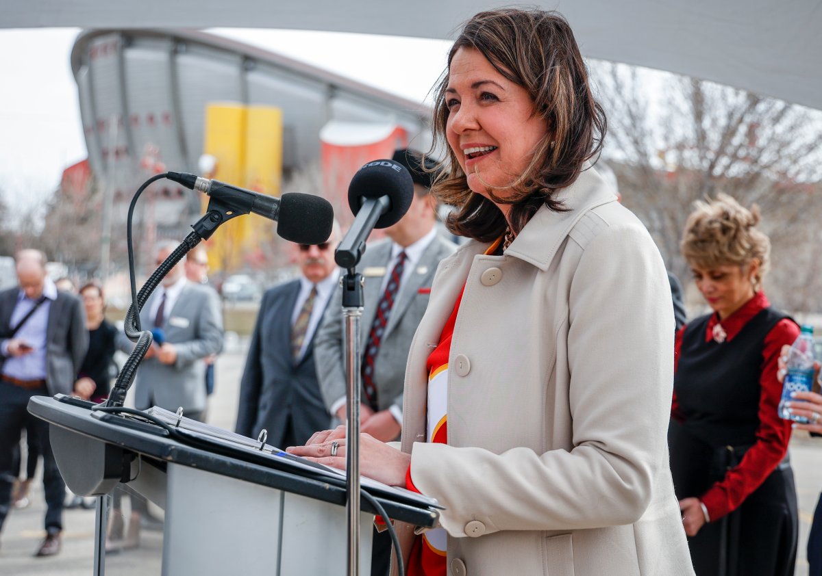 Alberta Premier Danielle Smith speaks at an announcement on plans for an events centre to replace the aging Saddledome, in Calgary, Alta., Tuesday, April 25, 2023.