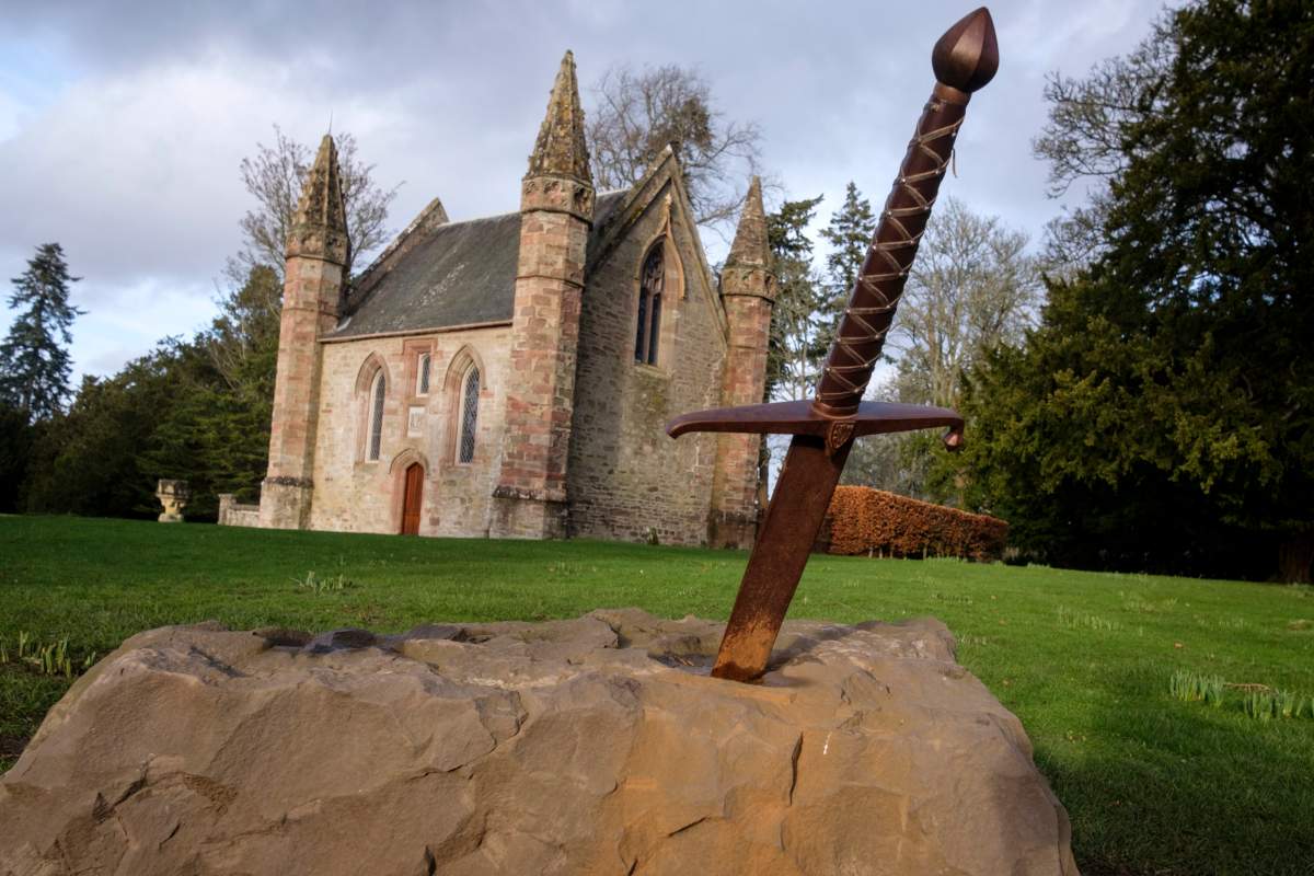 A sword embedded in stone in front of a 19th-century Presbyterian mortuary chapel on Moot Hill at Scone Palace in Perth, Scotland, United Kingdom, Monday, Feb. 10, 2020. Scone Palace is a Category A listed historic house and 5 star tourism attraction near the village of Scone and the city of Perth, Scotland. Built of red sandstone with a castellated roof, it is one of the finest examples of late Georgian Gothic style in the United Kingdom. THE CANADIAN PRESS IMAGES/Jeff McIntosh