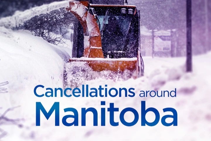 An orange snowblower is seen removing snow from a city sidewalk. "Cancellations Around Manitoba" is written in large blue font on top of the image.