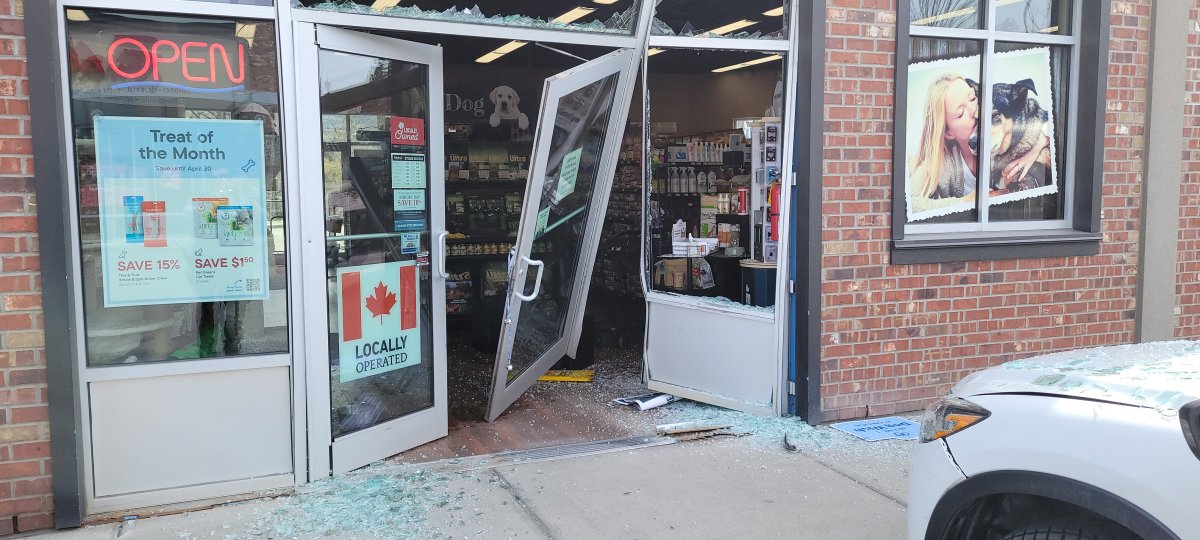 An SUV crashed into the front doors of this small business in Lake Country, B.C., on Saturday, April 15, 2023.