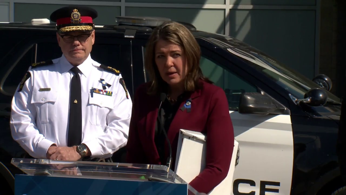 Alberta Premier Danielle Smith, pictured on April 4, 2023, tells reporters "the party" will be funding the legal action she is considering against the CBC.