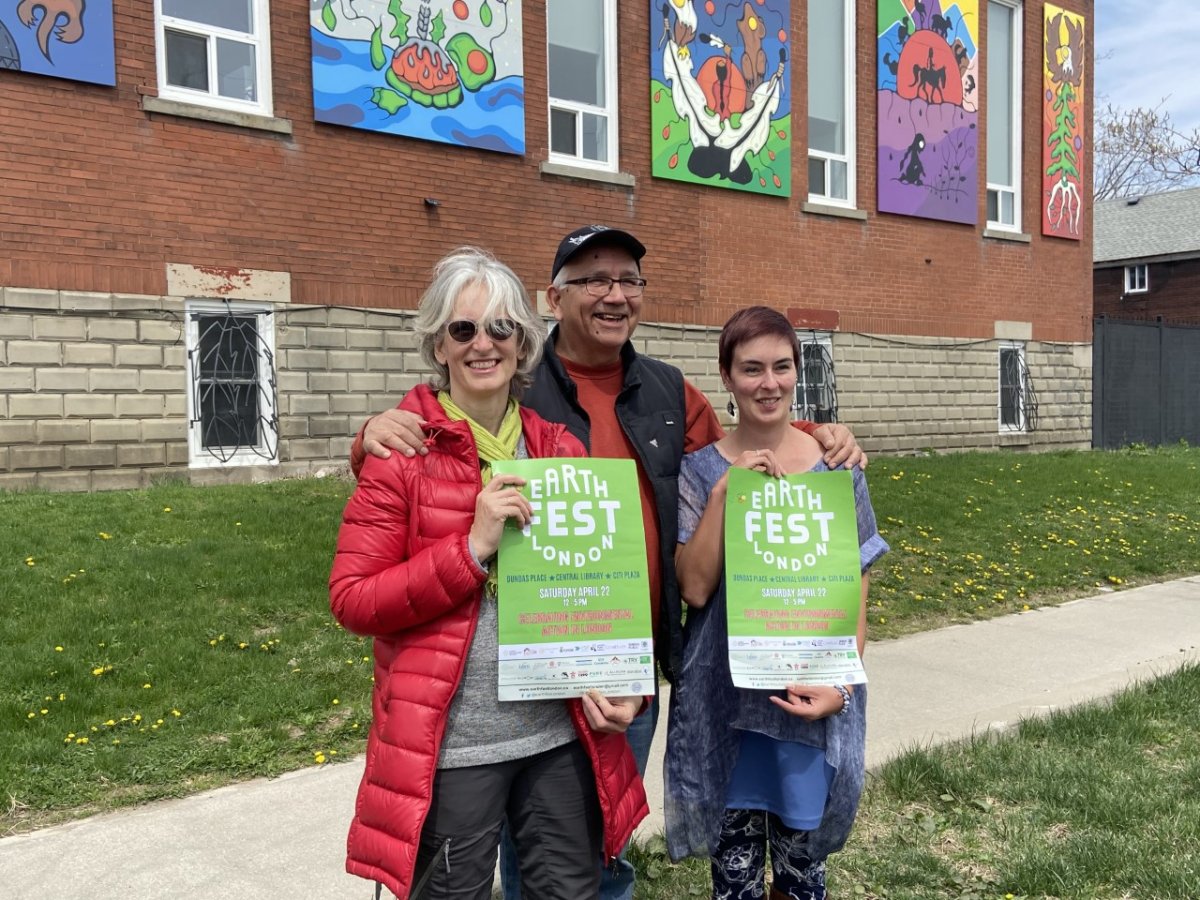 (Left): Mary Ann Hodge, organizer with Earthfest, Ron Hill, cultural resource coordinator at N’Amerind Friendship Centre, and Heather Jerrard, owner of My Landscape Artist, outside the N’Amerind Friendship Centre at 260 Colborne Street in London, Ont., on Thursday, April 20, 2023.