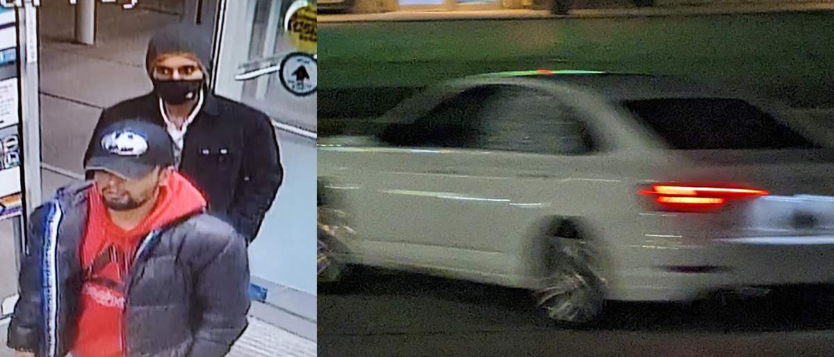 OPP in Fergus are looking to identify two individuals and a white Volkswagen sedan in connection to a theft investigation.