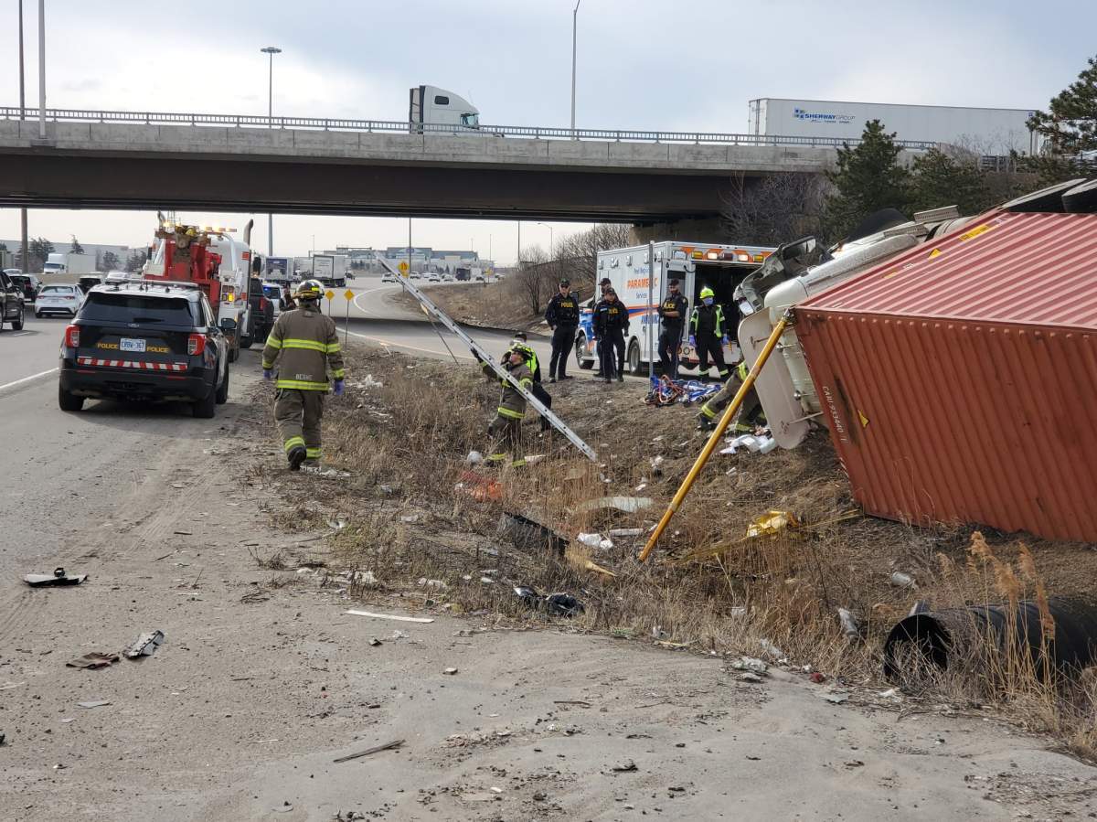 Police are are investigating after a transport truck rolled over in Brampton.