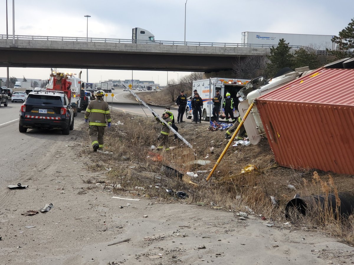 Police are are investigating after a transport truck rolled over in Brampton.