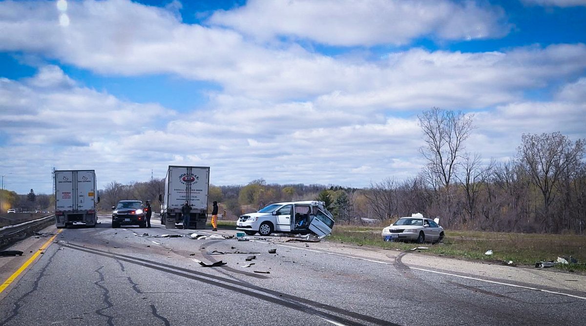 OPP say a portion of Highway 403 in Brantford, Ont. was closed off April 19, 2023 following a multi-vehicle crash.