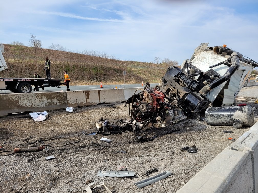Cleanup is underway after a vacuum truck collided with a median along Highway 407 in Markham, Ontario Provincial Police said.