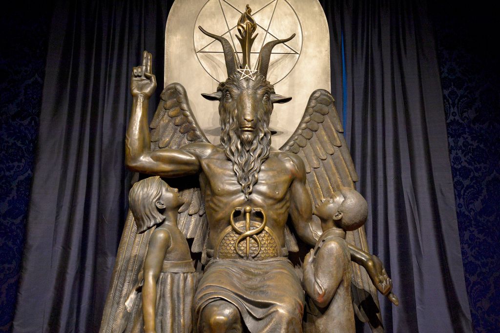 The Baphomet statue is seen in the conversion room at the Satanic Temple in Salem, Mass., on Oct. 8, 2019.