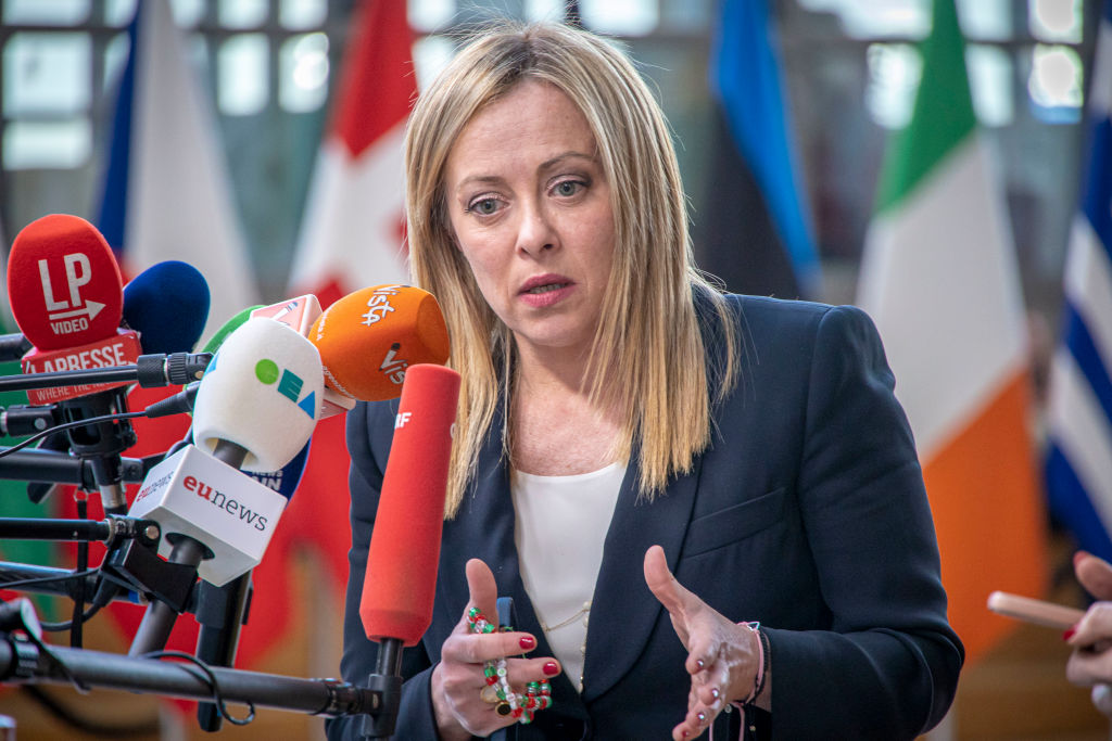 Prime Minister of Italy Giorgia Meloni talks to the media at a press briefing after the end of the two-day European Council summit on March 24, 2023.