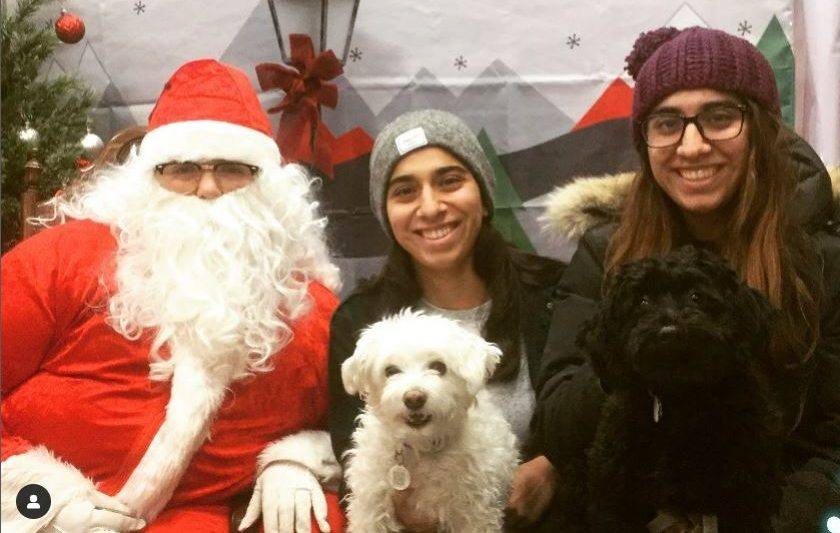 Santa is seen on the left side of the photo with twins to the right. The twins have dogs on their laps