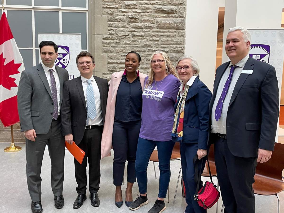 Left to right: Liberal MP Peter Fragiskatos, professor François Lagugné-Labarthet, Liberal MP Arielle Kayabaga, Sonja Burke, director of harm reduction services at Regional HIV-AIDS Connection, Minister Carolyn Bennett and Matt Davison, dean of science at Western University.