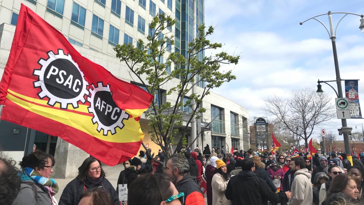 Hundreds of public servants picketed outside the federal building on Bay Street in Hamilton, Ont. on day one of the Canada-wide PSAC job action.