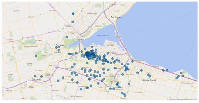 A geographical map of where hate/bias occurrences (crimes and incidents) took place for all of 2022 in Hamilton, Ont.