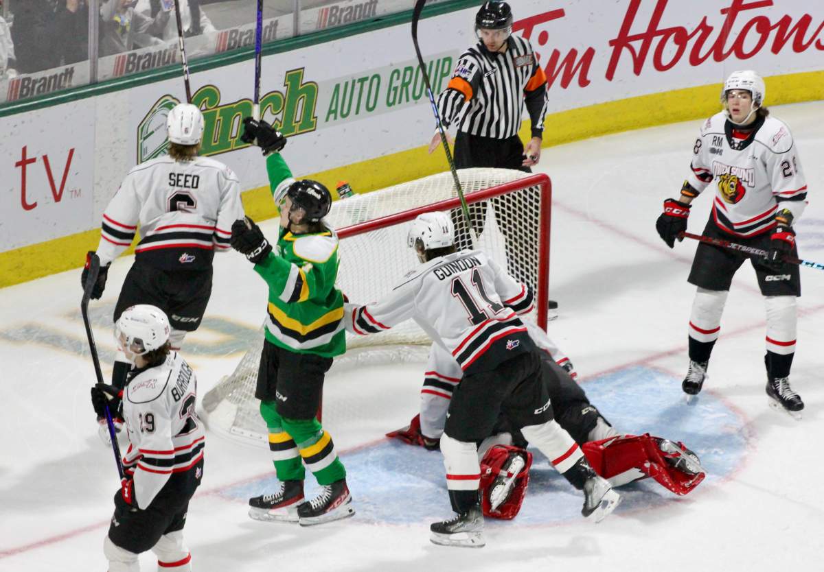 Easton Cowan scores a goal for the London Knights.