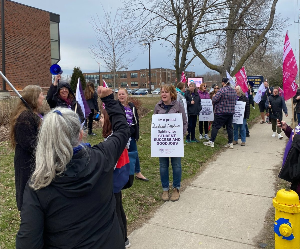 Frustrated CUPE Local 4222 and Local 7575 workers rallied outside the Thames Valley District School Board (TVDSB) office on Dundas Street over the status of local bargaining discussions ahead of a special education advisory committee meeting on Monday, April 3, 2023.