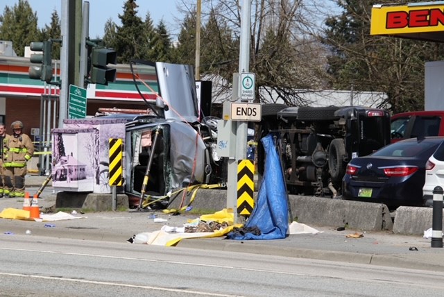 The scene of a crash in Maple Ridge on April 27, 2023. The intersection of Lougheed and Laity Street was closed.