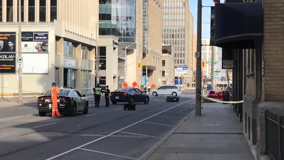 Hamilton police closed off a stretch of Main Street East between James and Hughson after a serious crash on April 14, 2023.