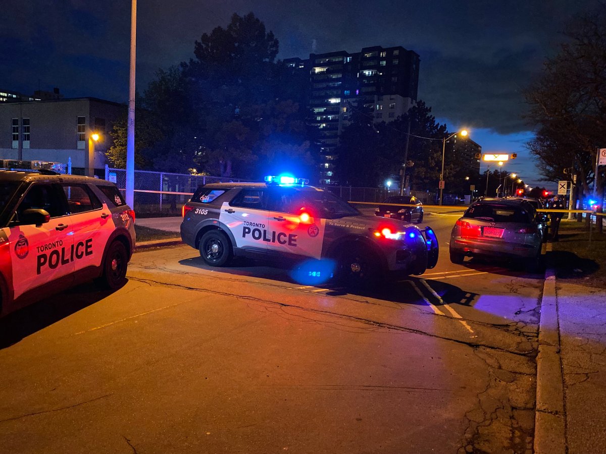 Police on scene after a shooting near Jane Street and Finch Avenue on April 24, 2023.