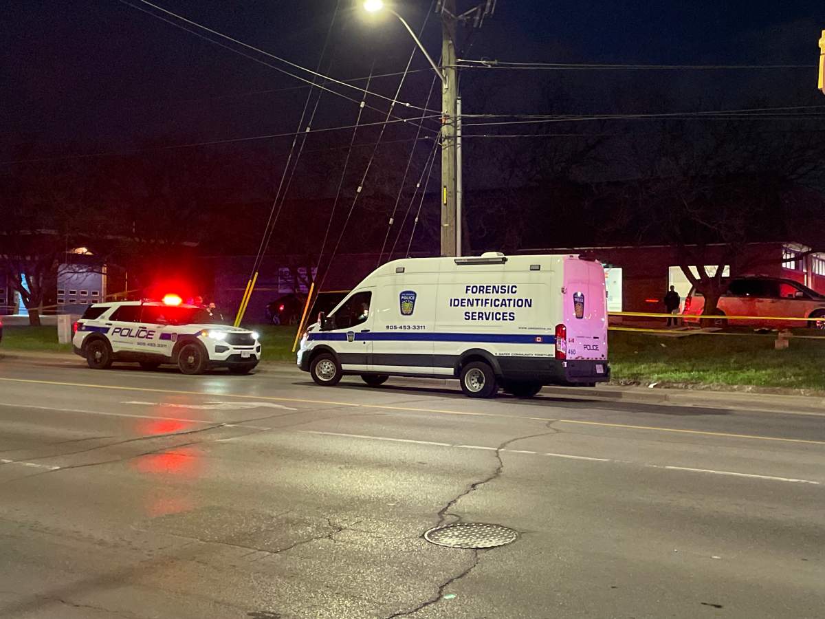 Police at the scene of a fatal shooting near Resolution Drive and Rutherford Road South in Brampton on April 20, 2023.