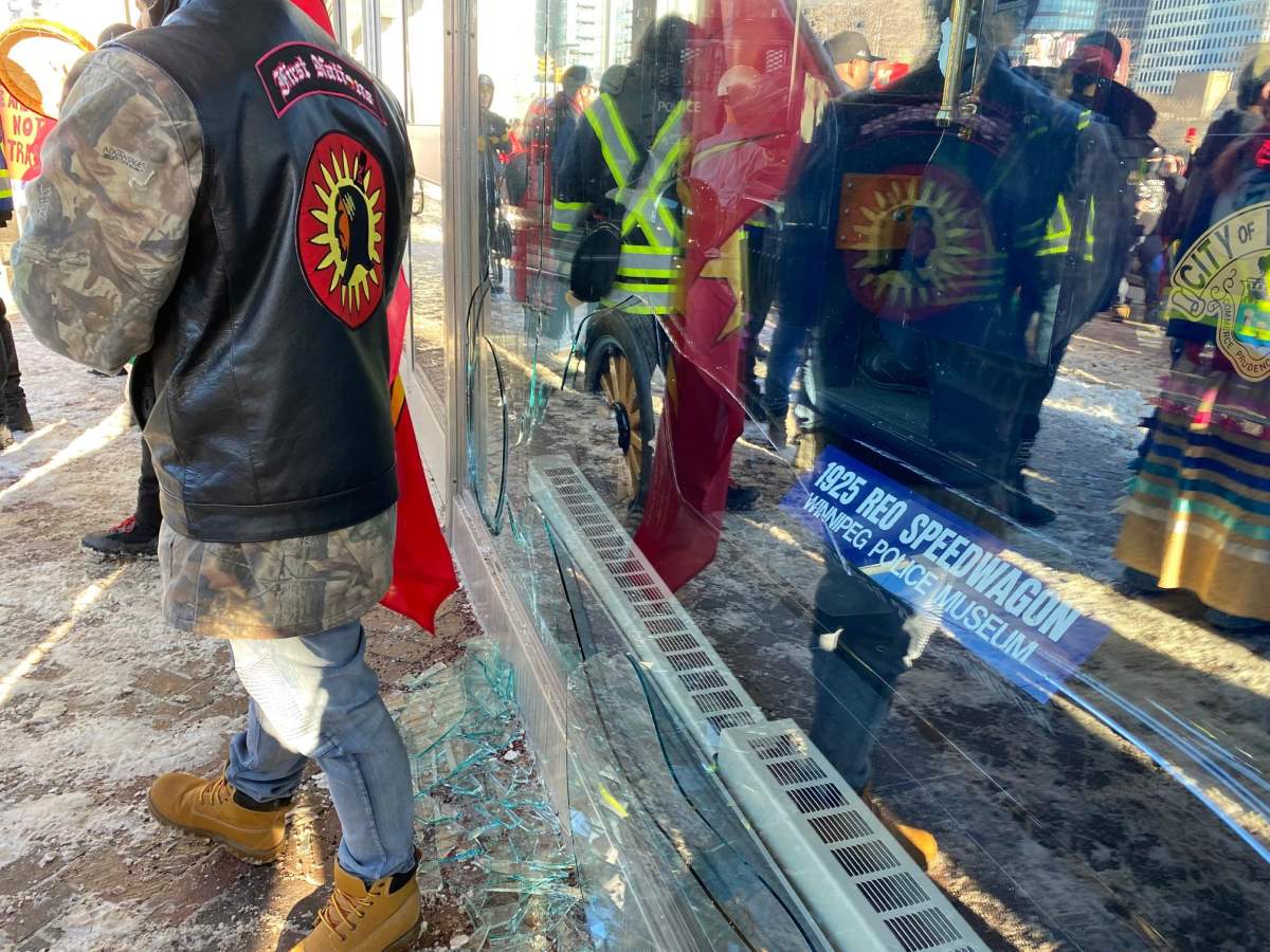 Photo of the smashed glass outside WPS HQ