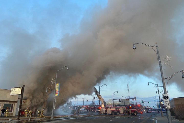 Huge fire burns at commercial complex on Stony Plain Road in west Edmonton
