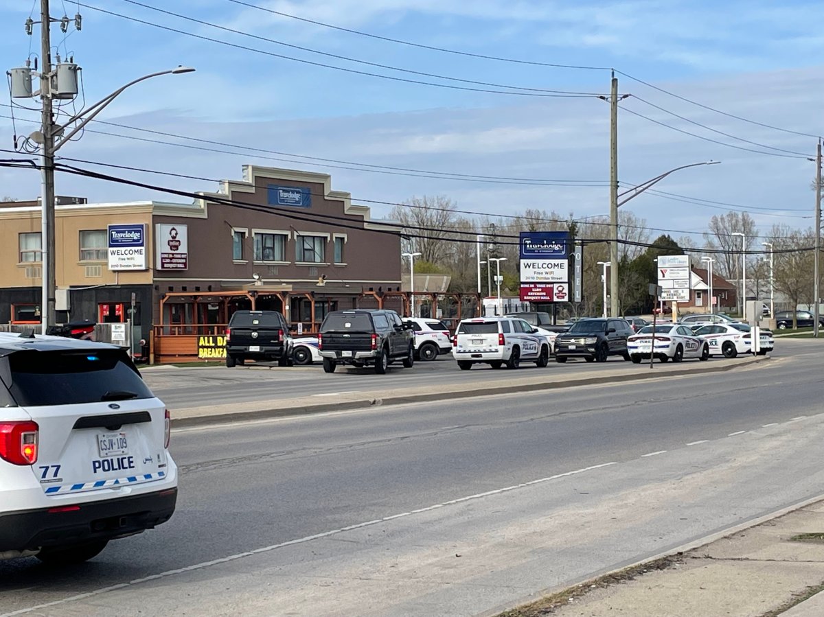 A large police presence was seen on Dundas Street in the east end of the city on April 19, 2023.