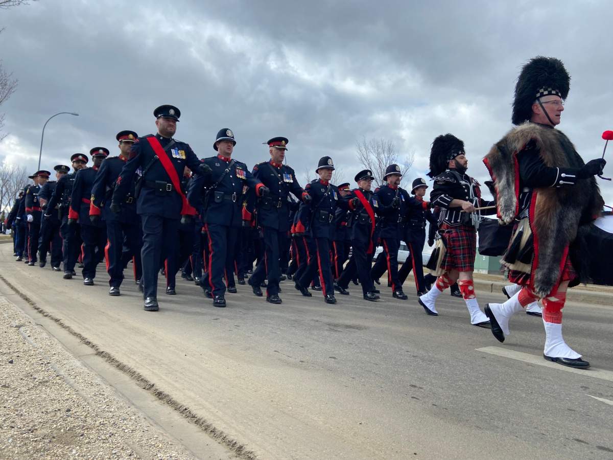 Regimental funeral procession for RCMP Const. Harvey (Harvinder) Dhami in Sherwood Park, Alta., on Thursday, April 20, 2023.