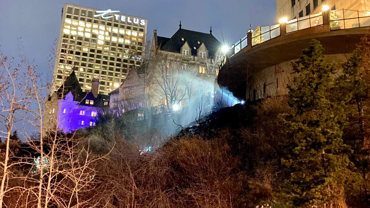 Fire in Edmonton river valley near Courtyard Marriot on Thursday, April 27, 2023.
